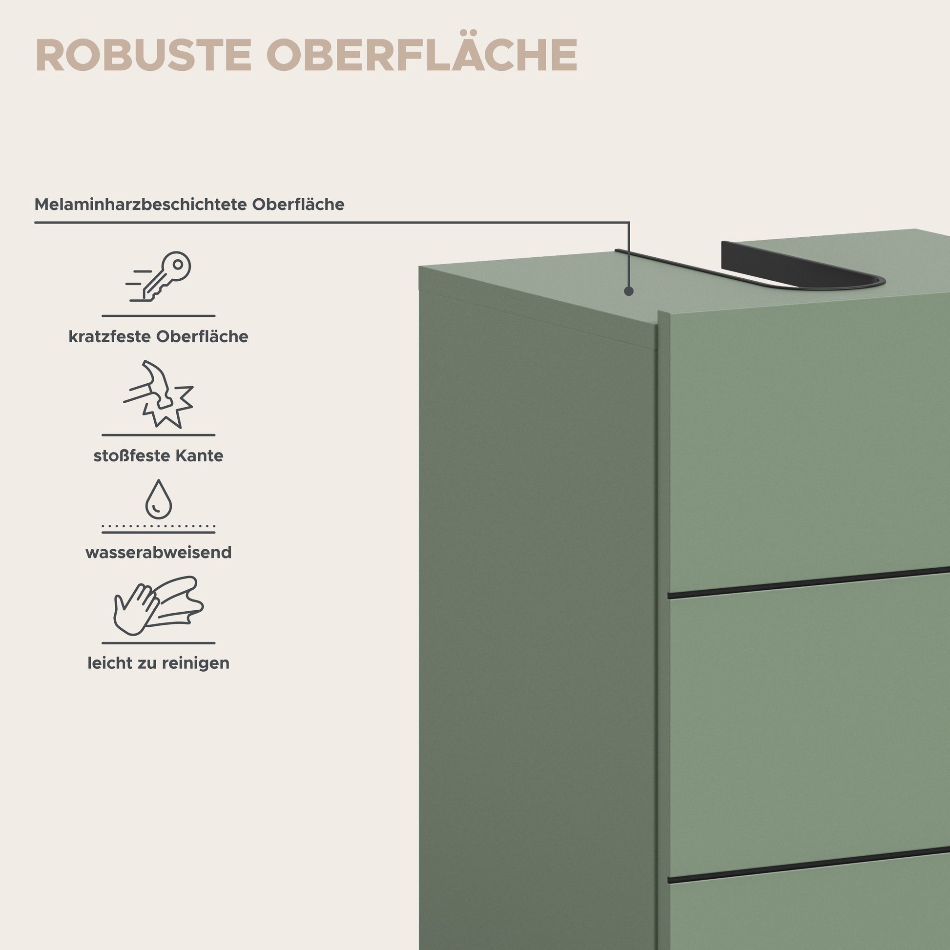Waschbeckenunterschrank mit robuster Oberfläche, wasserabweisender Beschichtung und kratzfester Kante