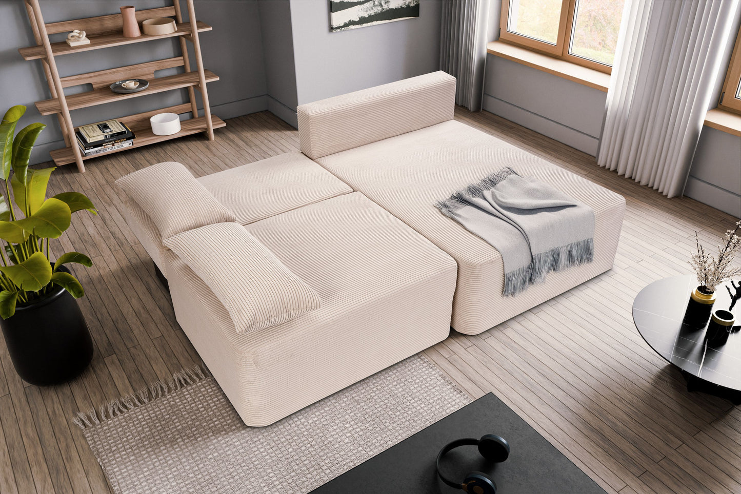 Cord-Schlafsofa in Beige, ausgeklappte Liegeposition mit zwei Kissen