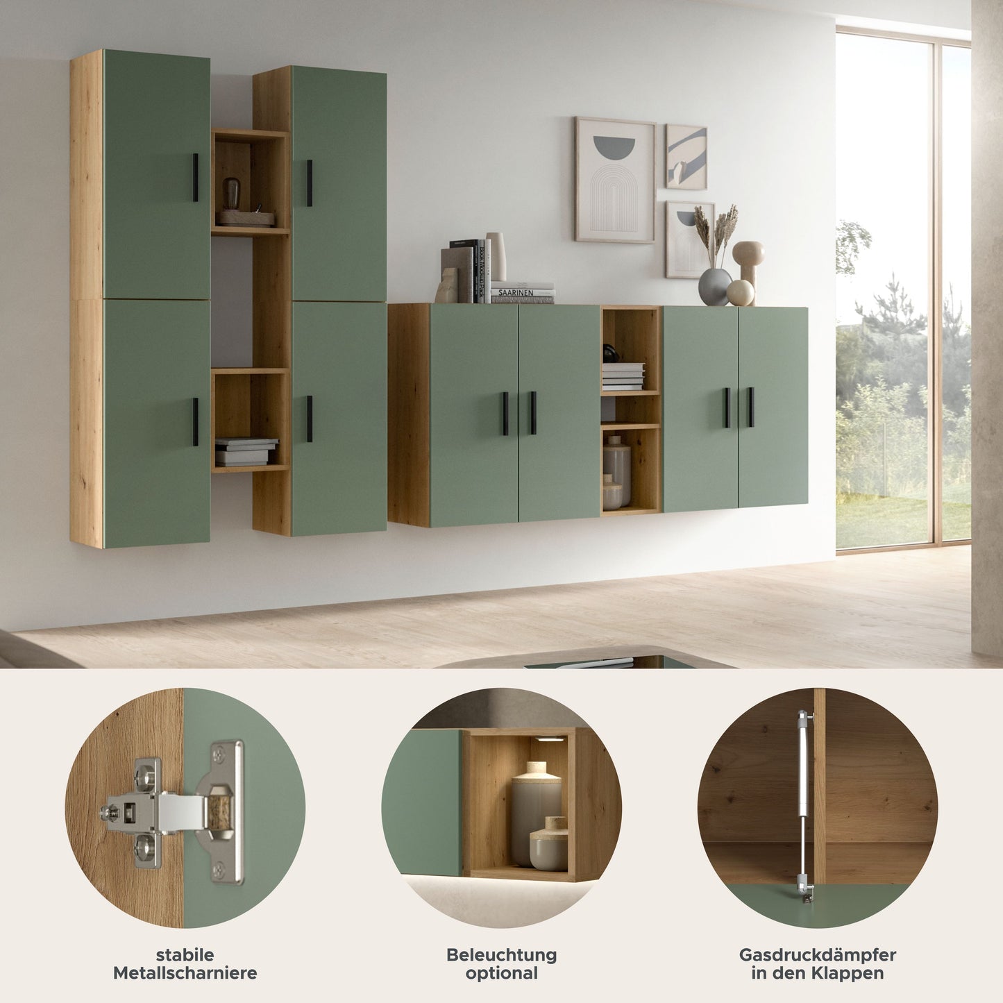 Meuble TV mural THE ONE (l/h/p : env. 270/182/34 cm) en imitation Chêne Artisan/Vert Fumé