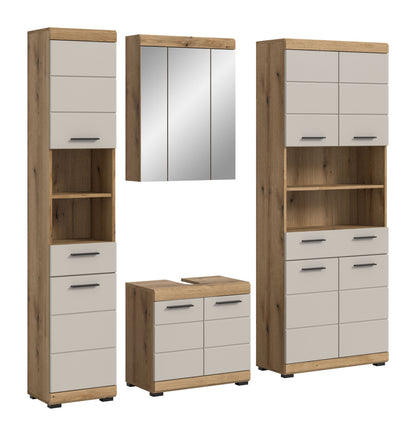 Badezimmerset 4-tlg. mit Spiegelschrank, Hochschrank und Unterschrank, Eiche hell/weiß