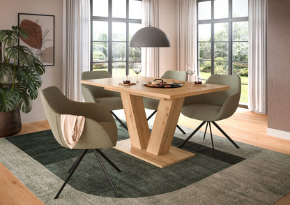 Esstisch mit heller Holzplatte und X-Gestell aus hellem Holz, rechteckig