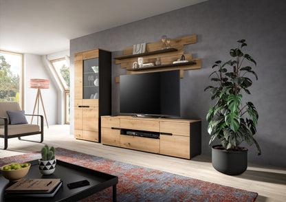 Wohnwand mit TV-Lowboard, Vitrine und Wandregalen; Holzdekor, dunkle TV-Aussparung