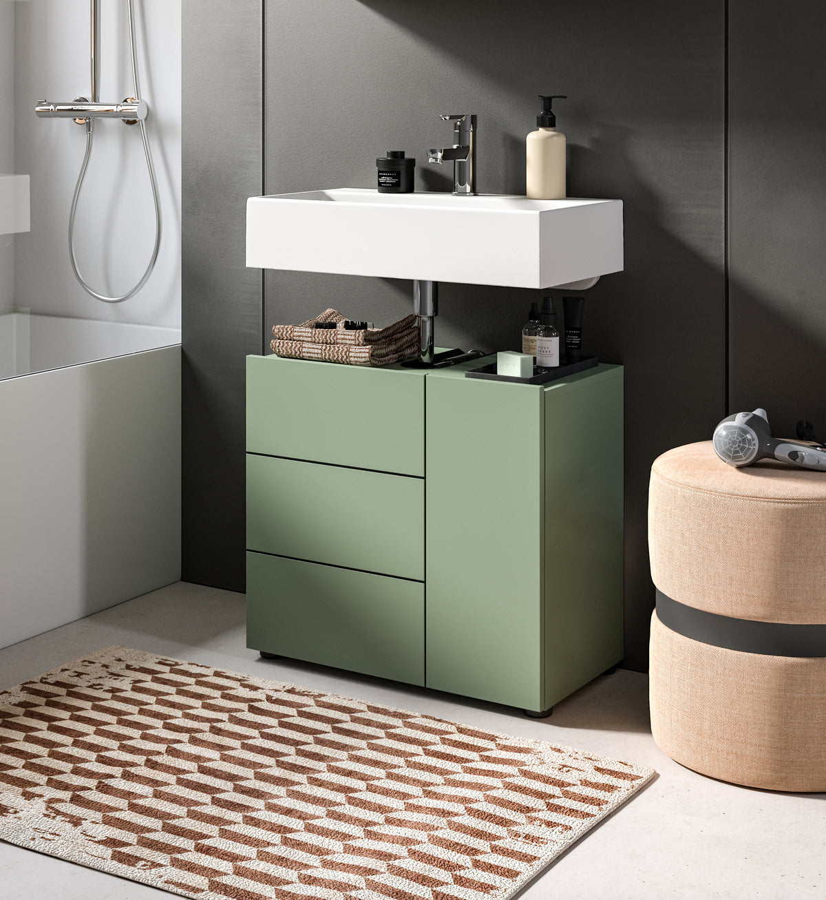 Waschbeckenunterschrank mit Waschbecken, grüne Front, zwei Schubladen und offene Ablage