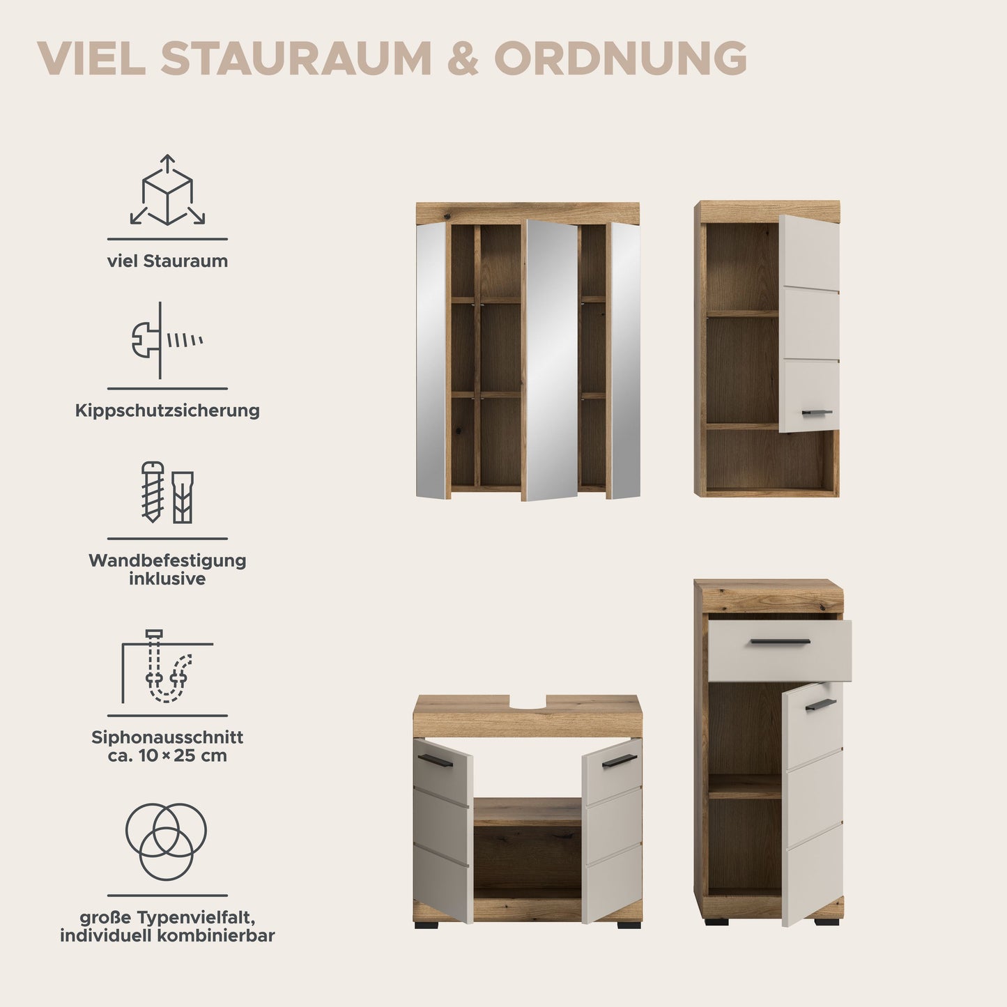 Badezimmerset 4-teilig mit viel Stauraum: Hochschrank, Spiegelschrank und Unterschrank