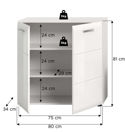 Commode ICE (L/H/P : env. 80/81/34 cm) en blanc/blanc brillant