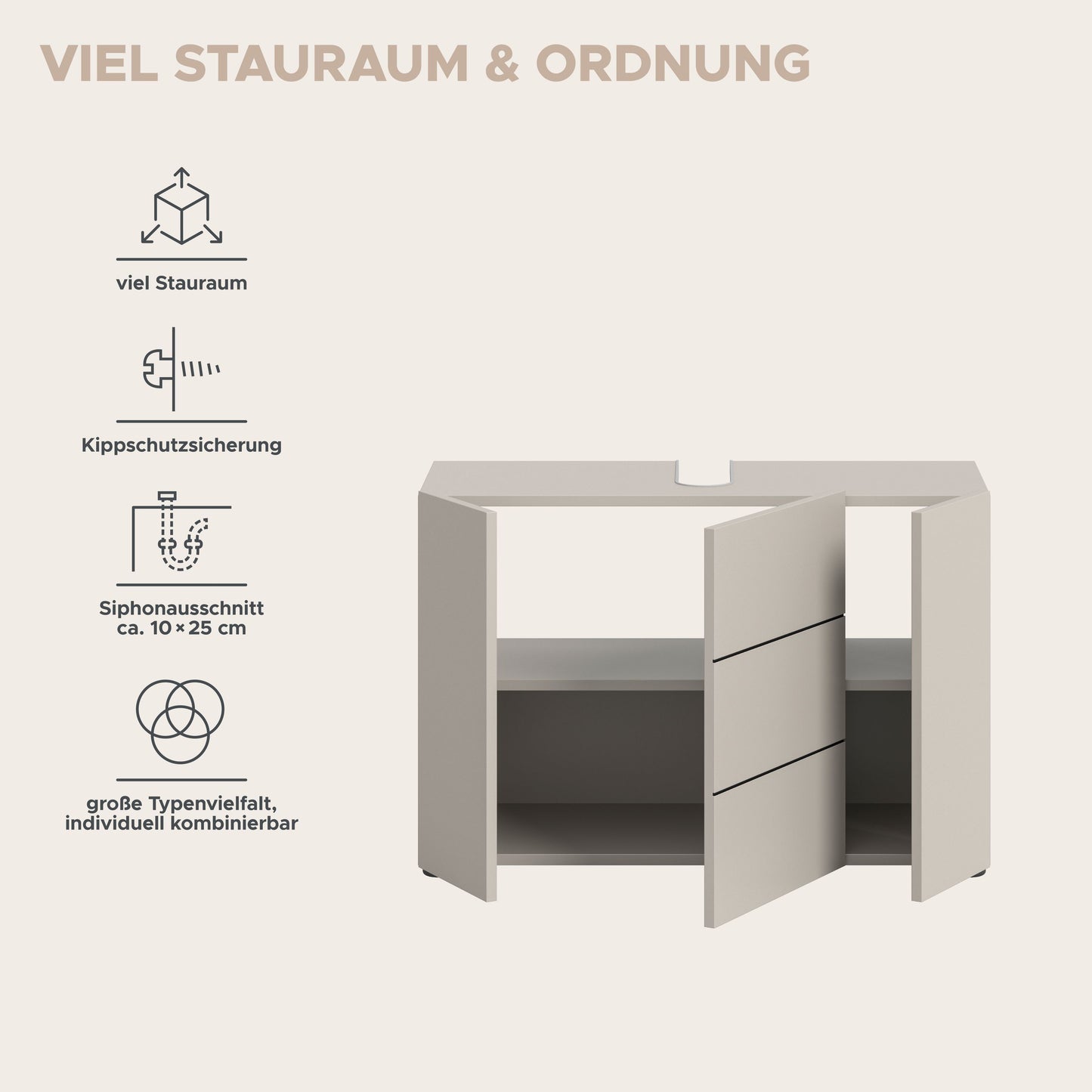 Breiter Waschbeckenunterschrank, 3 Türen, Einlegeboden, offen, hellgrau