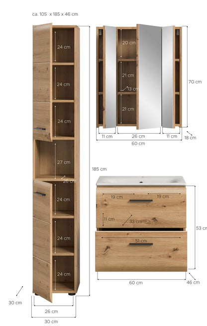 Badmöbel-Set Maßskizze mit Abmessungen von Hochschrank, Spiegel und Waschtisch