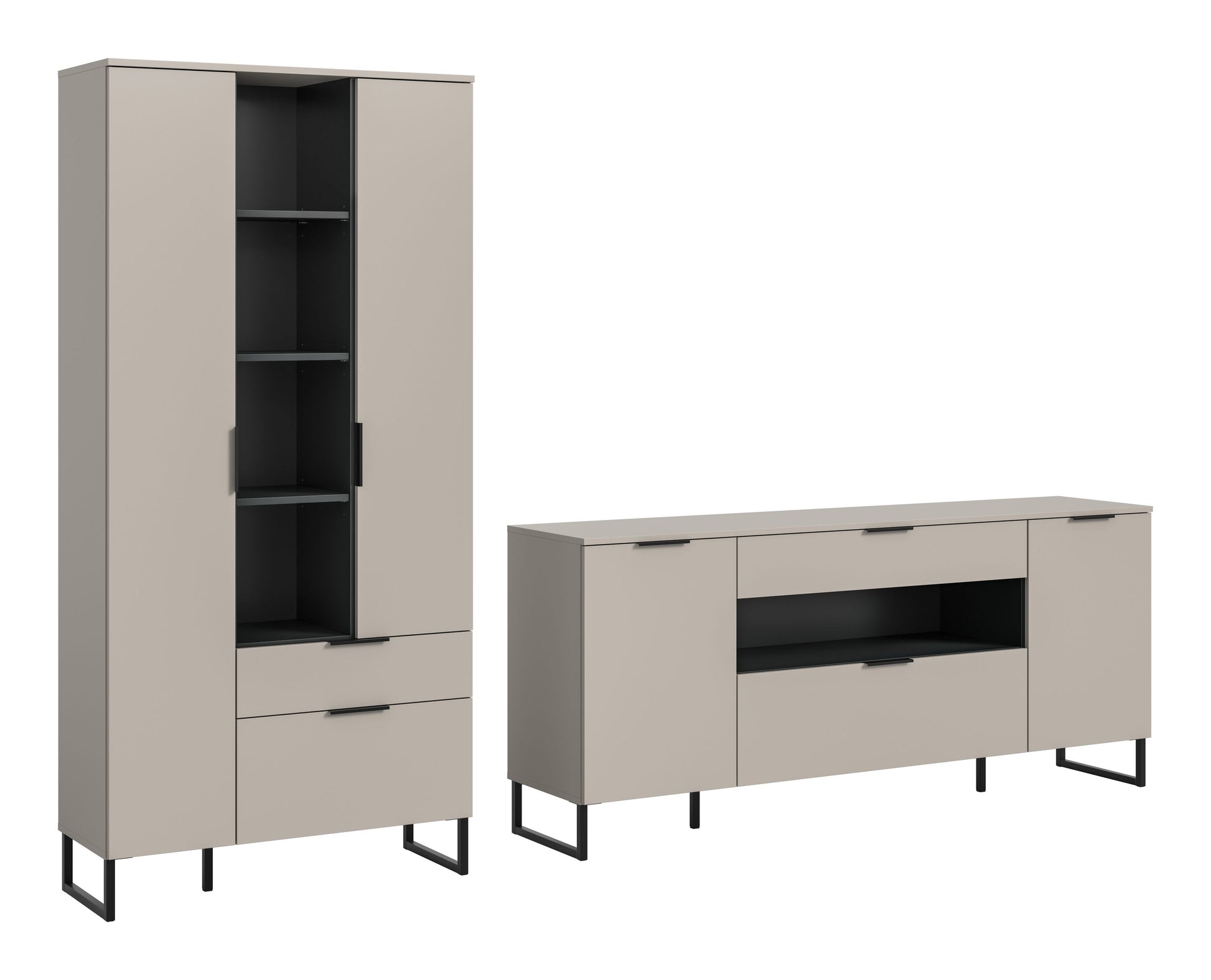 2-tlg. Wohnzimmerschrank-Set in Kaschmirfarben: hoher Schrank mit offenen Fächern, Schubfach