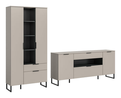 2-tlg. Wohnzimmerschrank-Set in Kaschmirfarben: hoher Schrank mit offenen Fächern, Schubfach