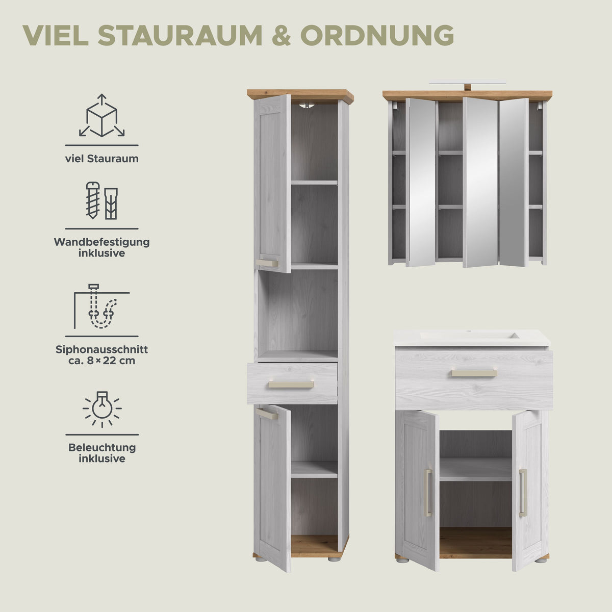 Bathroom Set incl. Lighting VERONA (W/H/D: approx. 115/187/45 cm) in Sibiu Larch replica/Sibiu Larch replica