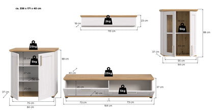 Wohnwandset mit Maßangaben: Lowboard und Schränke, weiß-natur, Gesamtübersicht