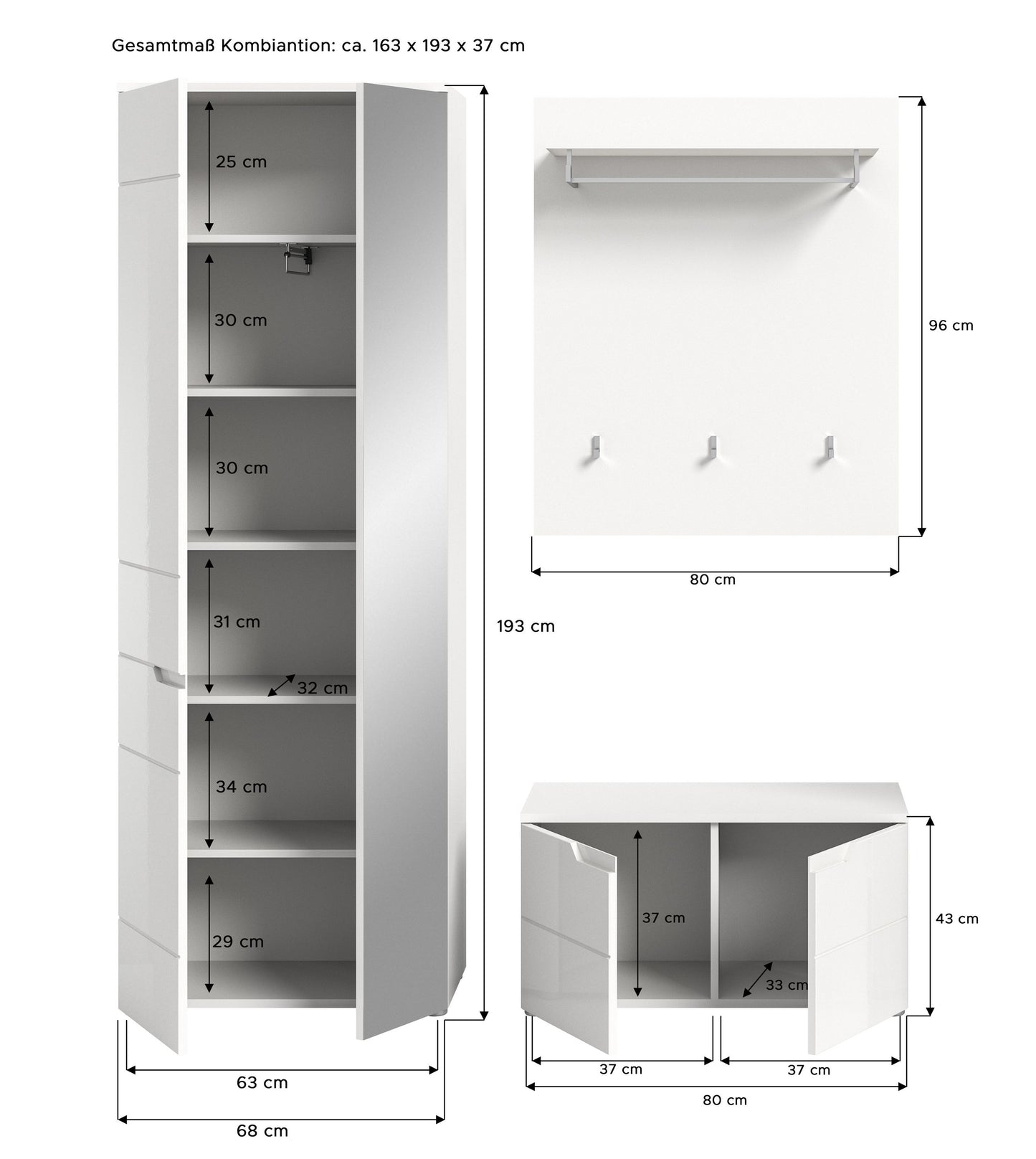 Ensemble de vestibule SOLERO (L/H/P : env. 163/193/37 cm) en blanc/blanc brillant