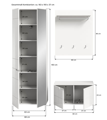 Ensemble de vestibule SOLERO (L/H/P : env. 163/193/37 cm) en blanc/blanc brillant