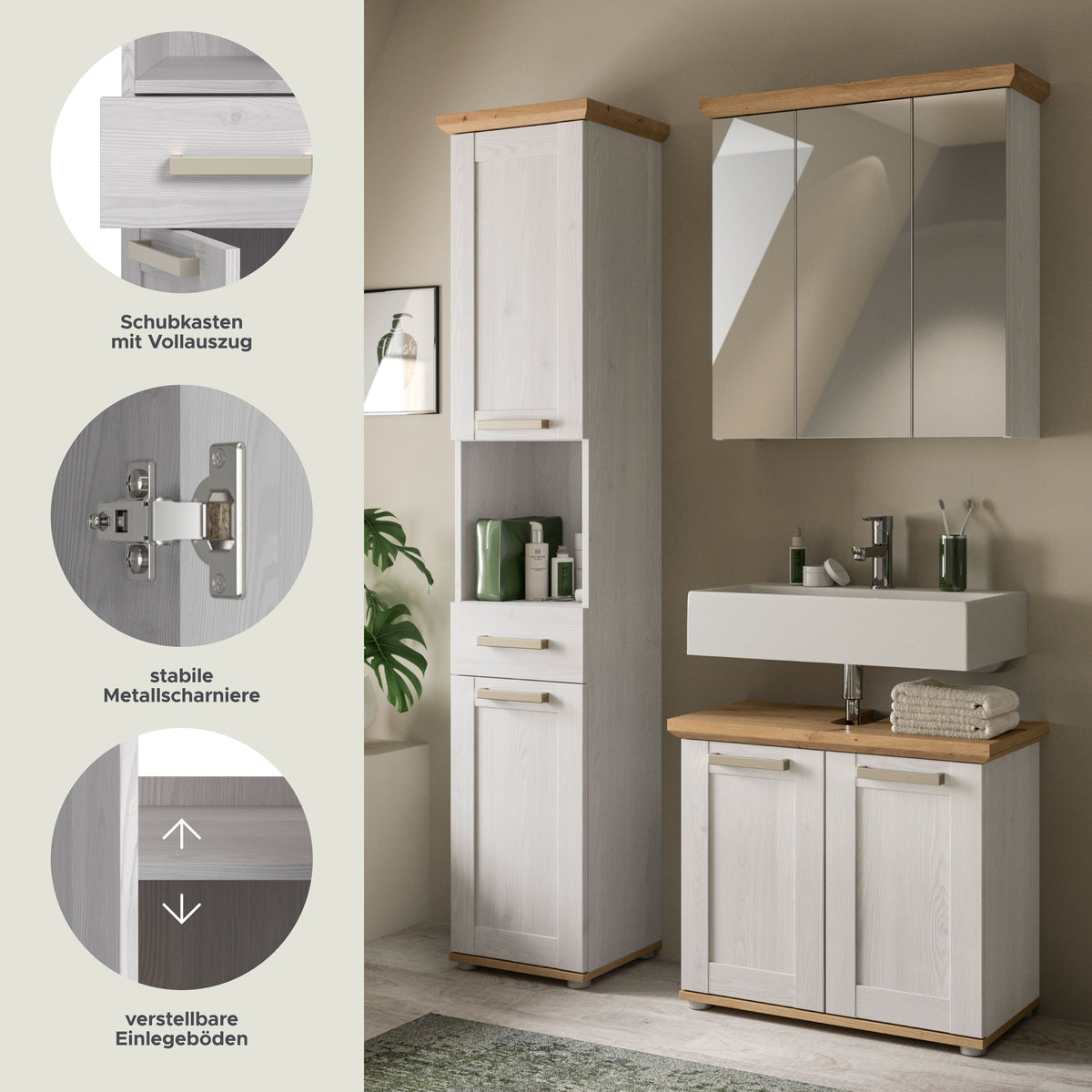 Homes & Jones Badmöbelset 3-tlg. Landhausstil, Badmöbel Set mit Badspiegel 3-trg