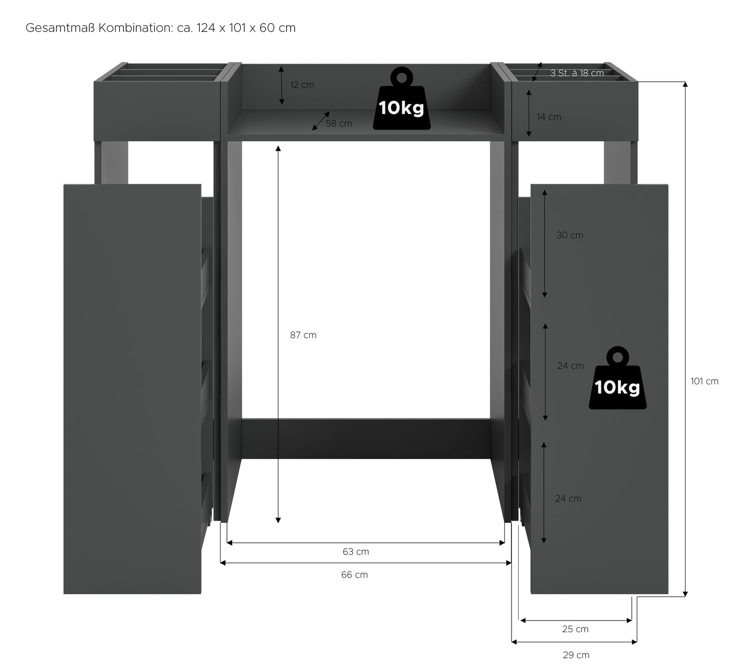 Waschmaschinenschrank mit Maßen: 124×101×60 cm, Ablage und offene Fächer, dunkelgrau