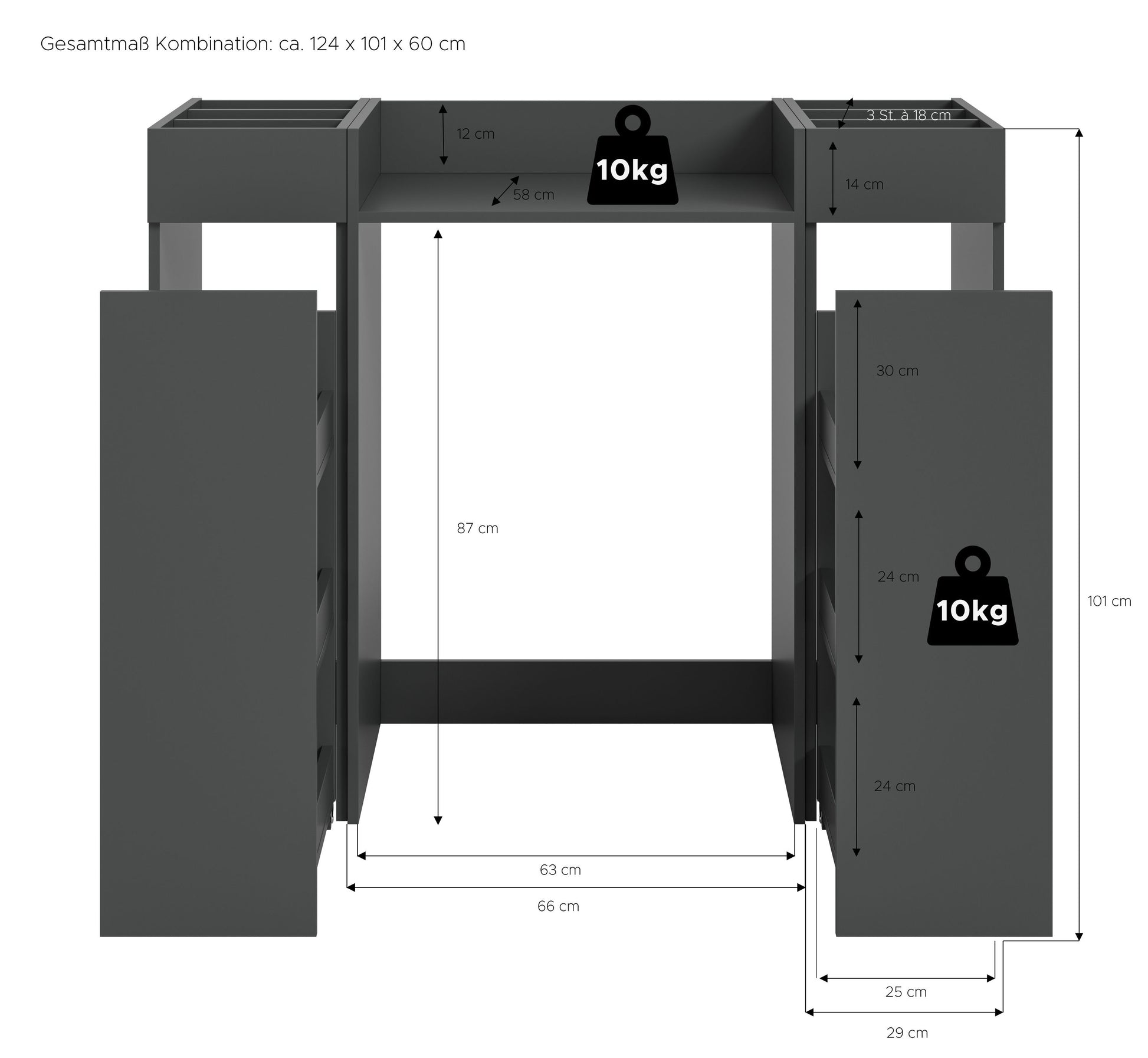 Waschmaschinenschrank mit Maßen: 124×101×60 cm, Ablage und offene Fächer, dunkelgrau