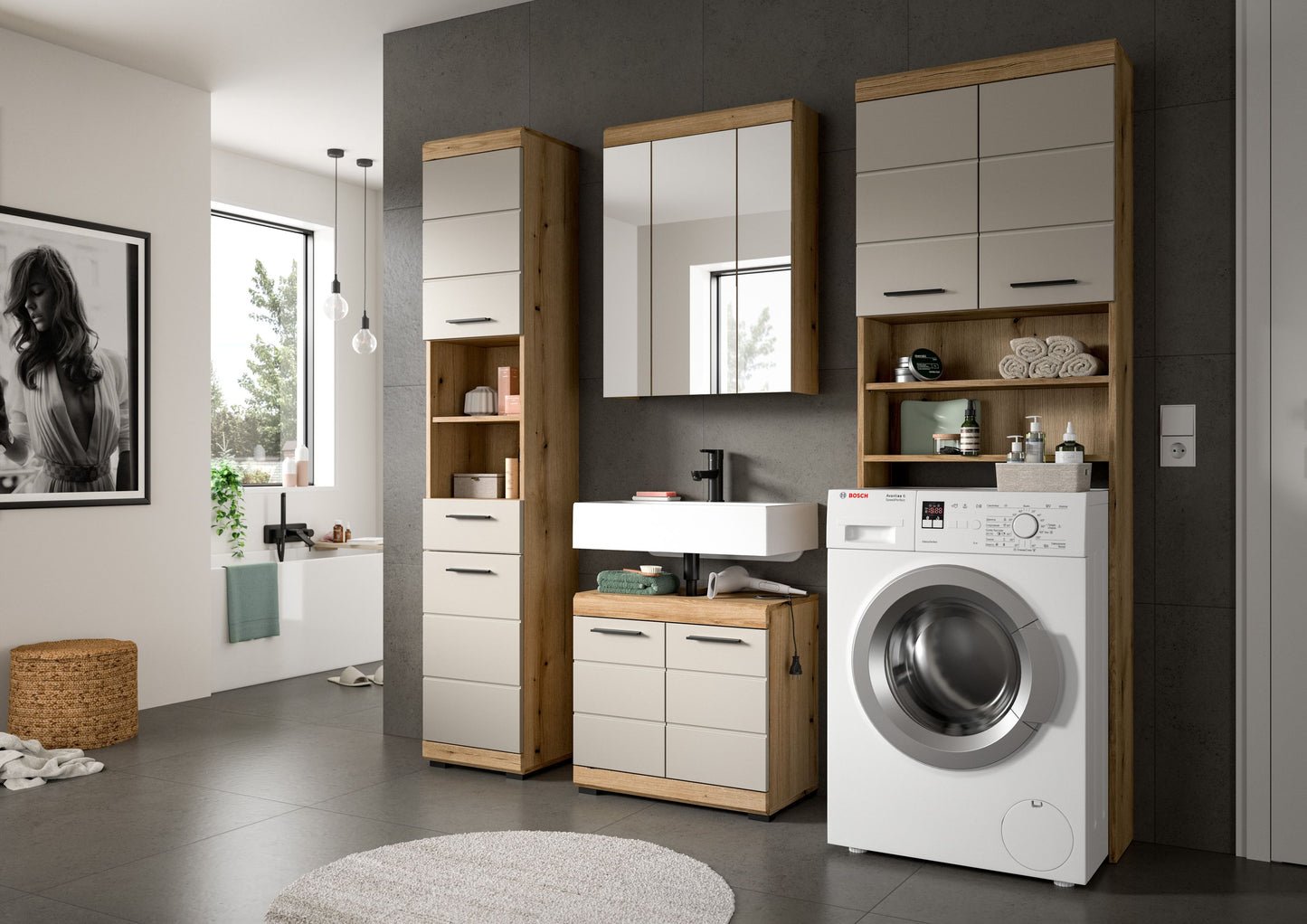 4-tlg. Badezimmerset mit Hochschrank, Spiegelschrank und Waschtischunterschrank in Holzoptik/Weiß