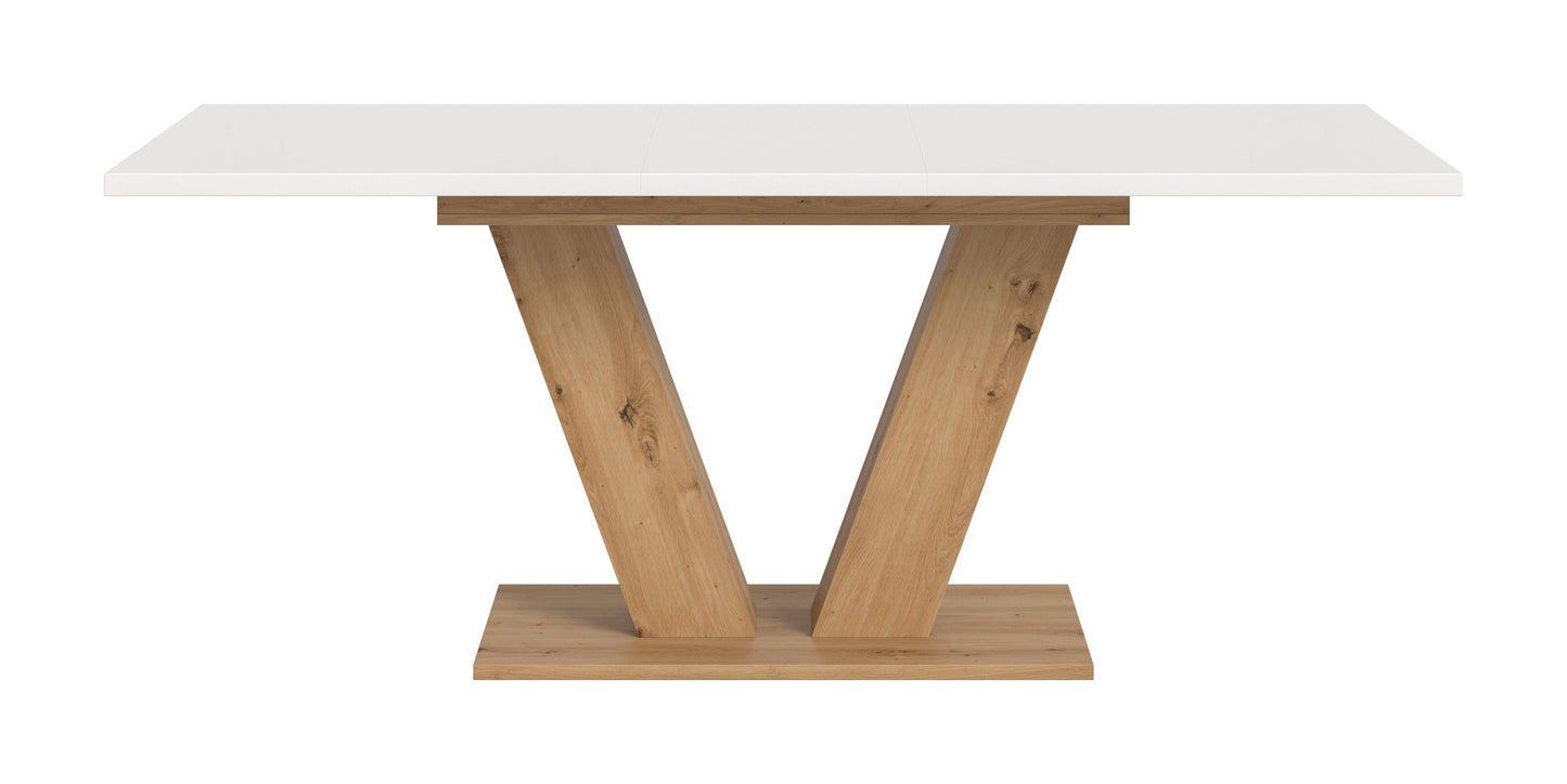 Esstisch mit weißer Platte und X-Gestell aus hellem Holz, rechteckig