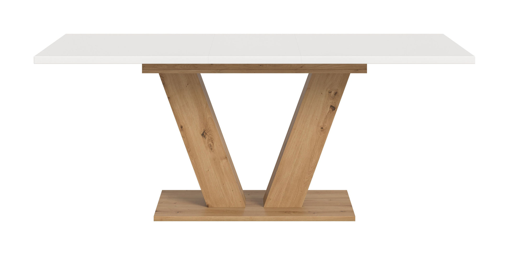 Esstisch mit weißer Platte und X-Gestell aus hellem Holz, rechteckig