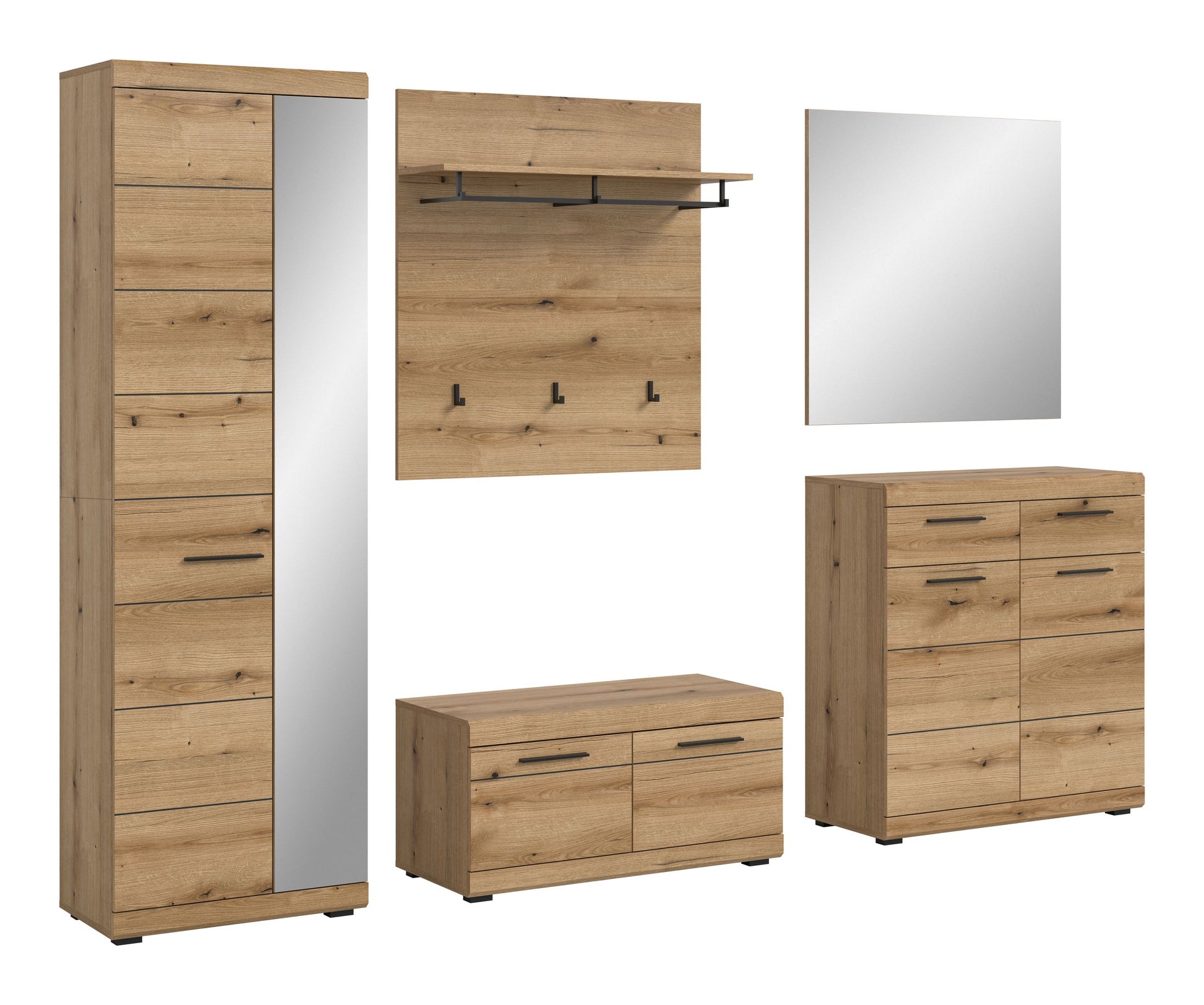Garderobenset mit Spiegel: hoher Schrank, Sitzbank, Kommode und Garderobenpaneel mit Haken