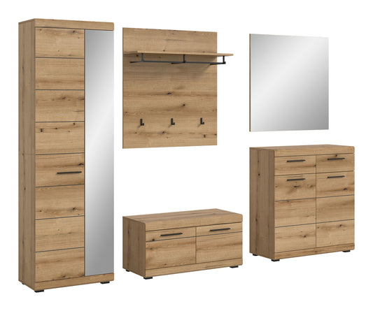 Garderobenset mit Spiegel: hoher Schrank, Sitzbank, Kommode und Garderobenpaneel mit Haken