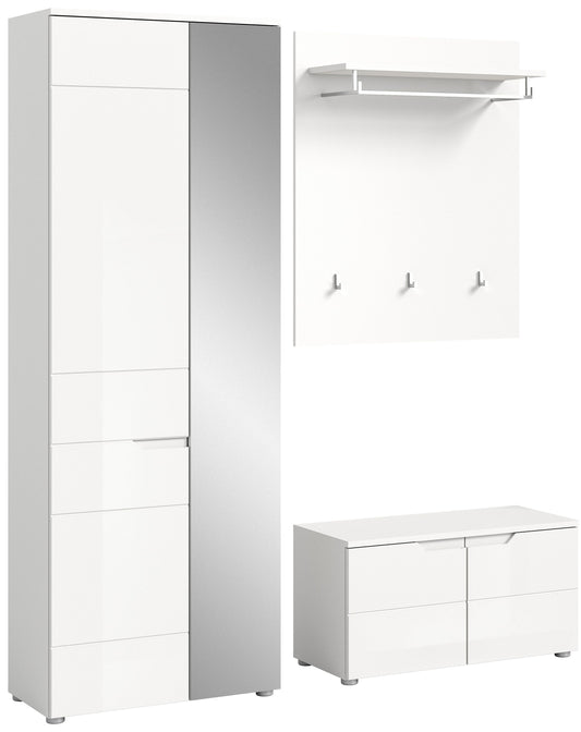Garderobenschrank und Schuhbank-Set in weißem Hochglanz, mit Kleiderhaken