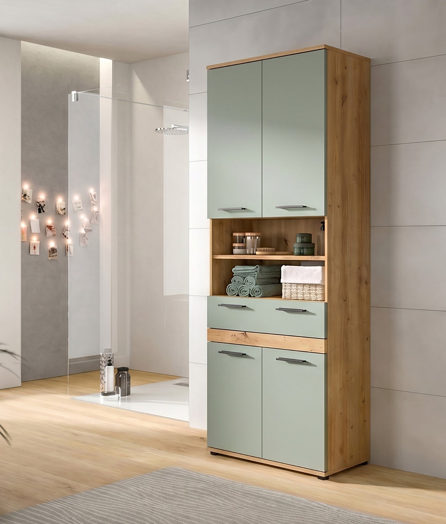 Blake Hochschrank (B/H/T: 70x191x31 cm) in Salbei und Artisan Eiche Nachbildung