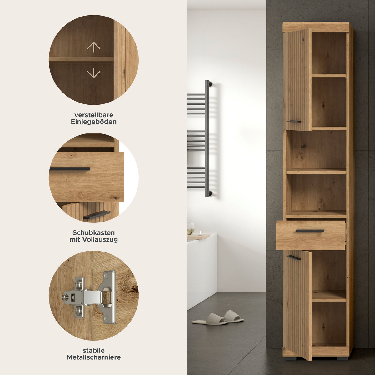 Badhochschrank mit offenen Fächern, Holzoptik, Detailansicht zu Scharnieren und Auszügen