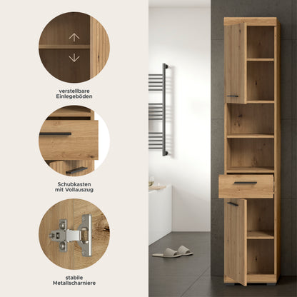 Badhochschrank mit offenen Fächern, Holzoptik, Detailansicht zu Scharnieren und Auszügen