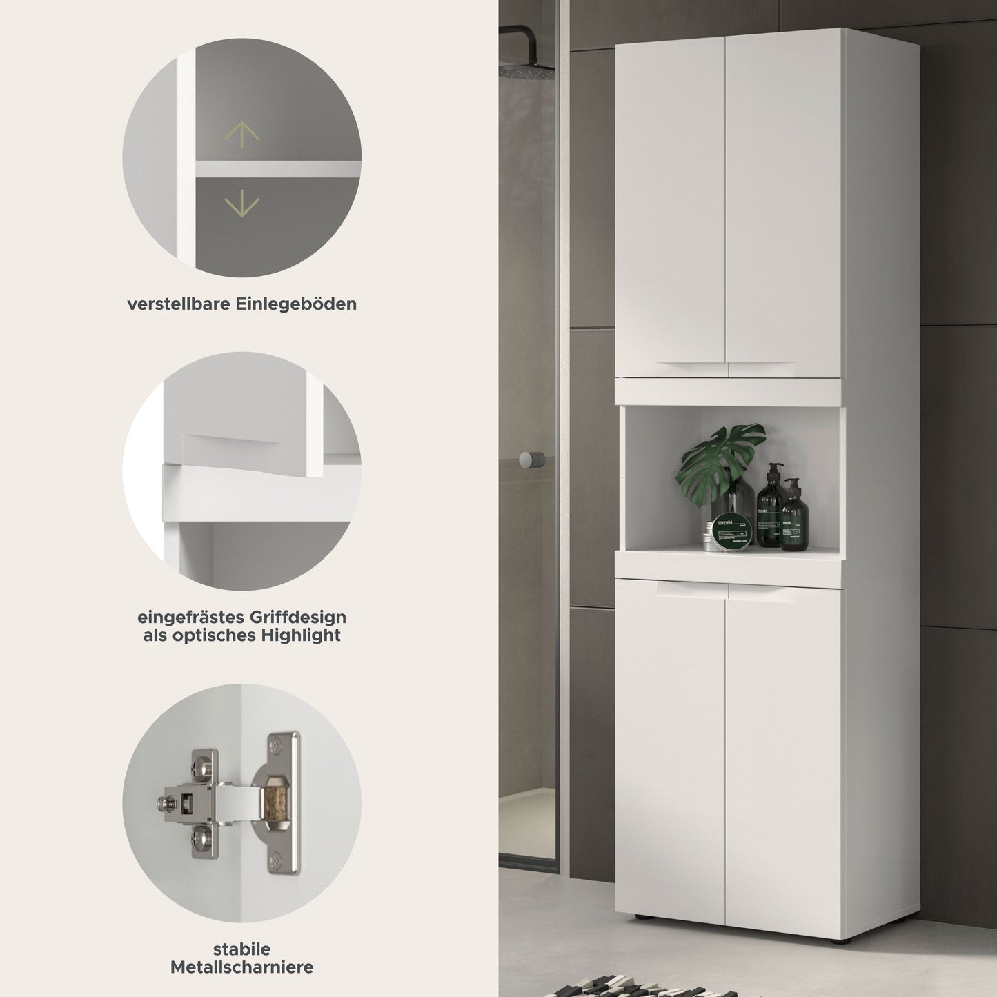 Viana Hochschrank breit (B/H/T: 60x194x31 cm) in Weiß matt und Weiß