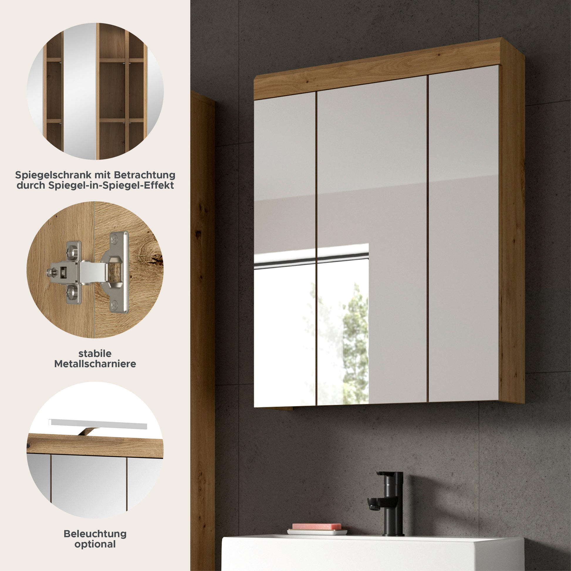 Badspiegelschrank mit 3 Spiegeltüren, Eichenoptik, Detailansicht der Scharniere