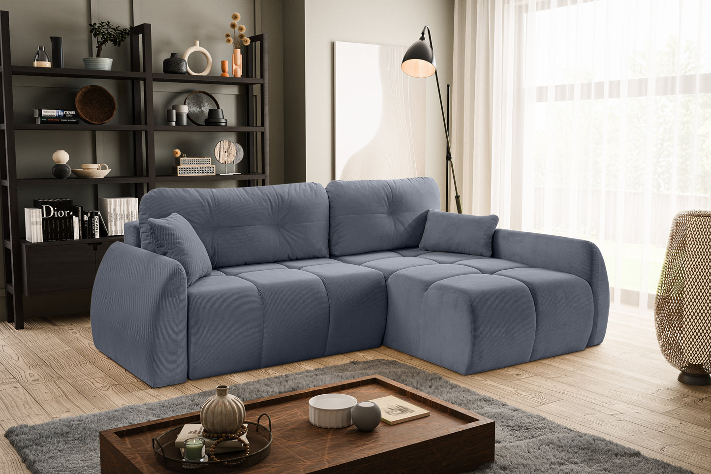 Canapé convertible d'angle Sancho Long – Canapé d'angle tendance en velours côtelé avec fonction couchage