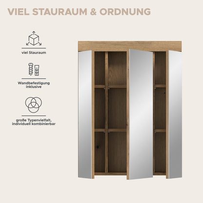 Badspiegelschrank mit Stauraum im Innenraum, Einlegeböden hinter drei Spiegeltüren