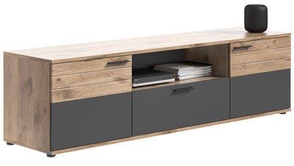 Meuble TV bas grand MASON (L/H/P : env. 194/53/47 cm) en imitation chêne Nox/gris basalte