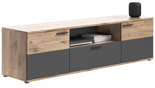 Meuble TV bas grand MASON (L/H/P : env. 194/53/47 cm) en imitation chêne Nox/gris basalte