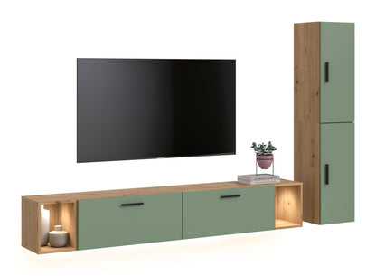 TV-Lowboard mit Beleuchtung, Artisan-Oak und Smoke-Green Front, offene Nischen links und rechts