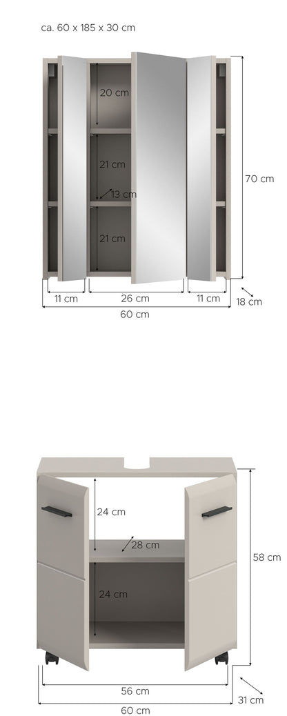 Ensemble de salle de bain sur roulettes ICE (L/H/P : env. 60/185/30 cm) imitation chêne Nox/noir mat