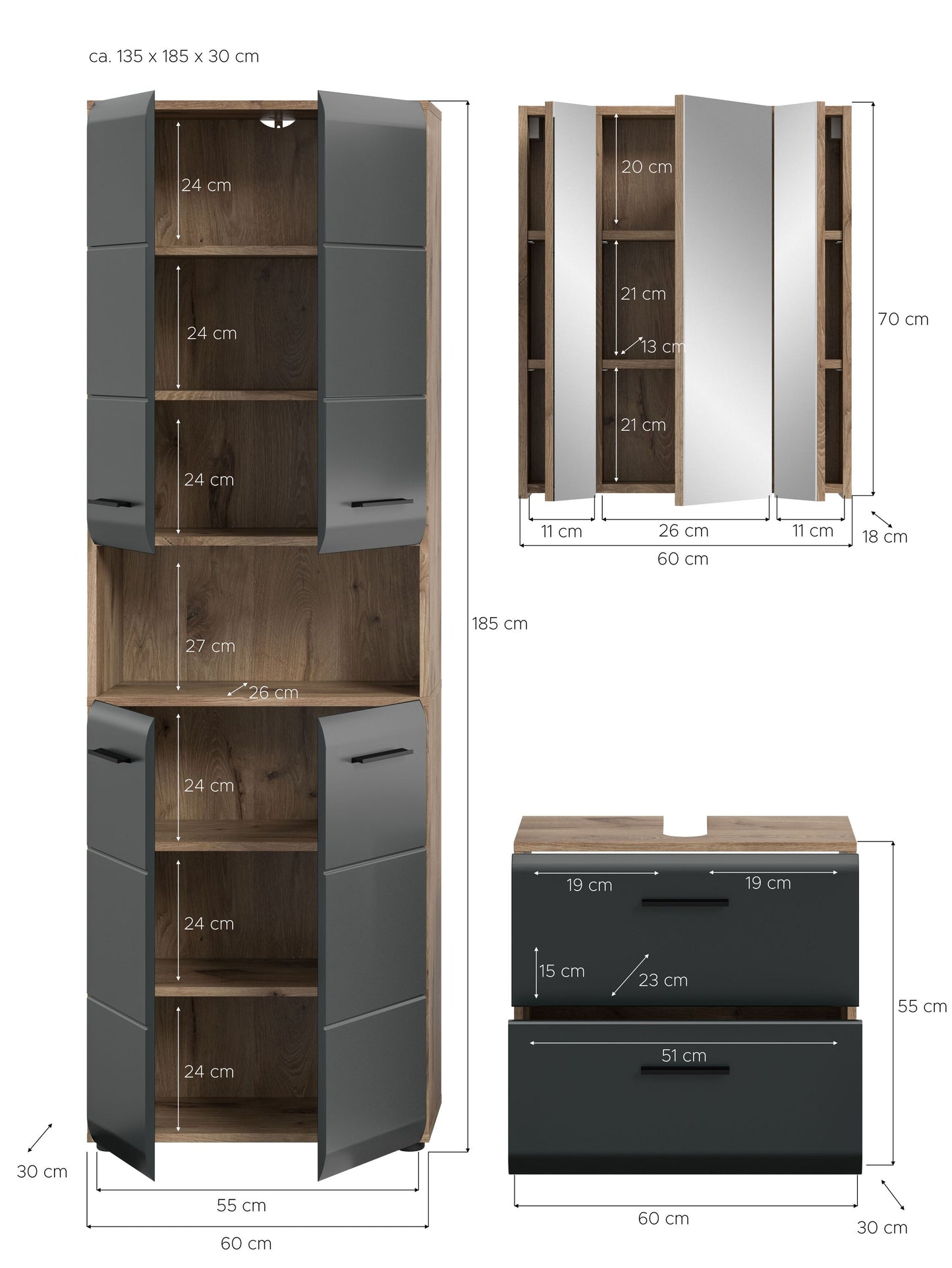 3-teiliges Badmöbel-Set mit Hochschrank, Spiegel und Waschtischunterschrank in Grau-Holzoptik