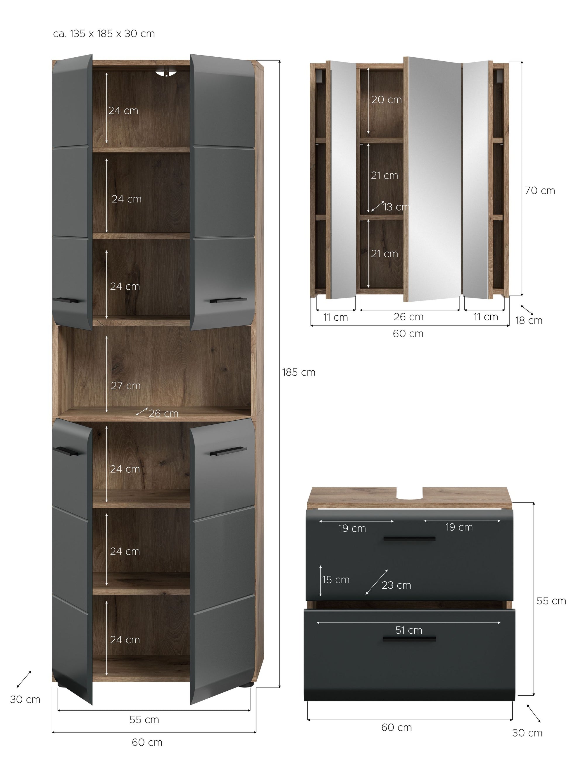 3-teiliges Badmöbel-Set mit Hochschrank, Spiegel und Waschtischunterschrank in Grau-Holzoptik
