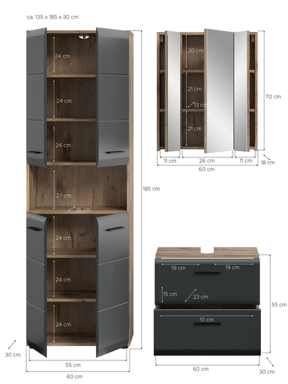 3-teiliges Badmöbel-Set mit Hochschrank, Spiegel und Waschtischunterschrank in Grau-Holzoptik