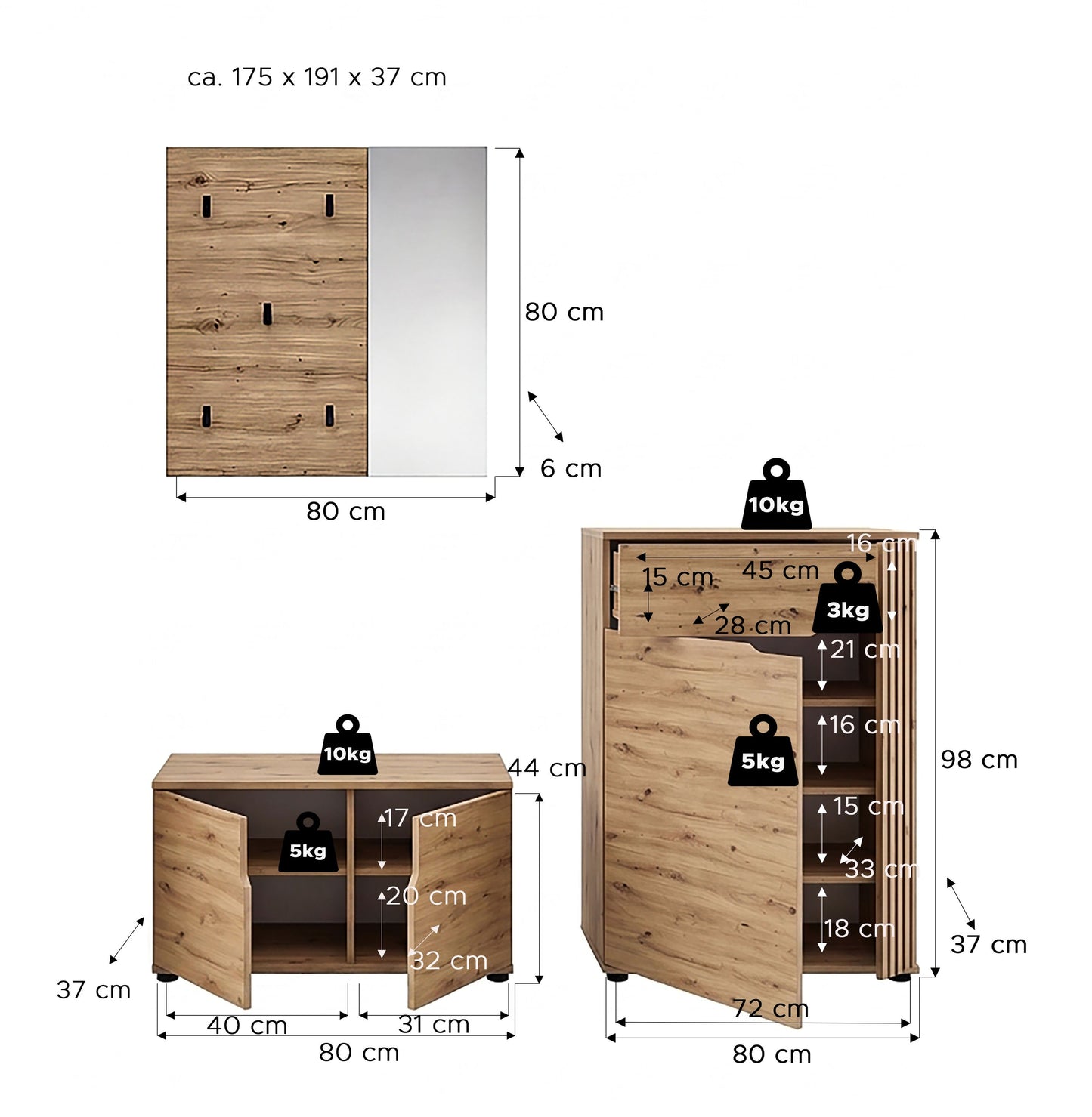 Keno Garderobenkombination (B/H/T: 175x191x37 cm) in Artisan Eiche Nachbildung