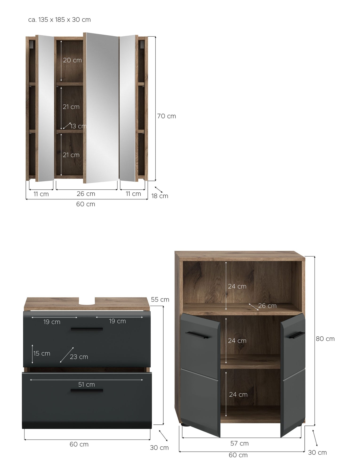 Badezimmer-Badmöbel-Set mit Hochschrank und Waschtischunterschrank, Holzdekor und Grau