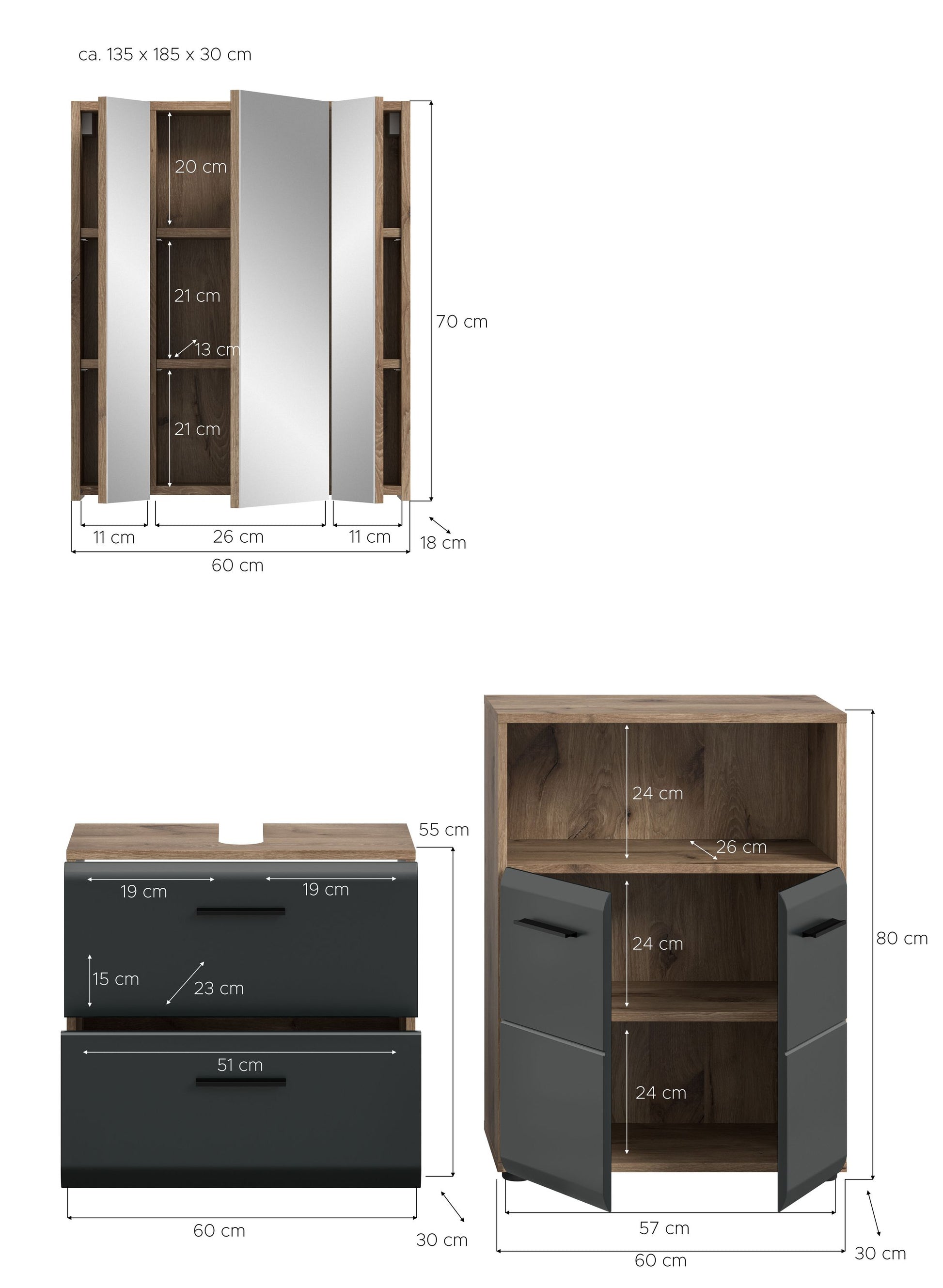 Badezimmer-Badmöbel-Set mit Hochschrank und Waschtischunterschrank, Holzdekor und Grau