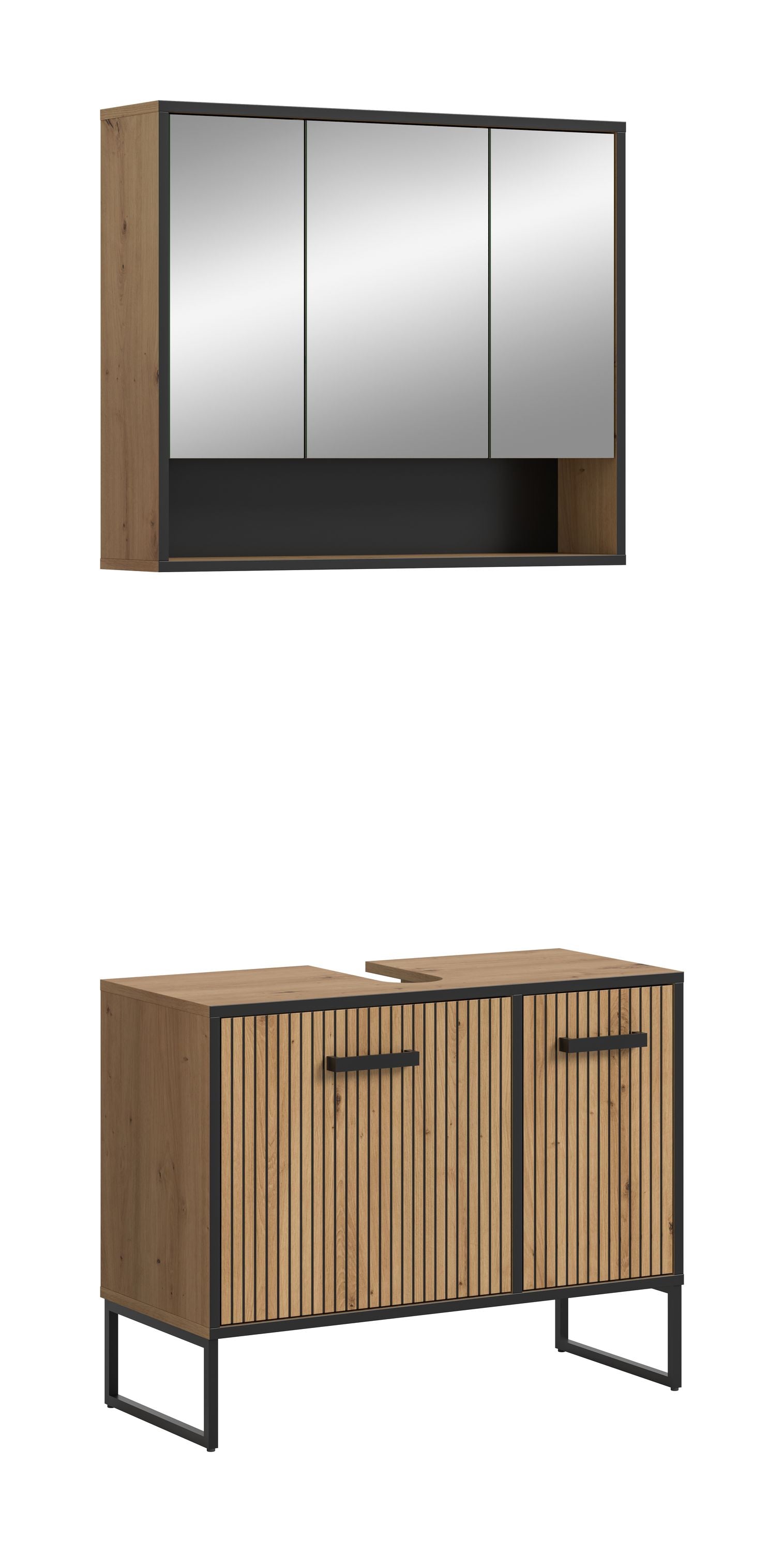 Badspiegelschrank mit drei Spiegeltüren, Holzrahmen und Ablageboden unten