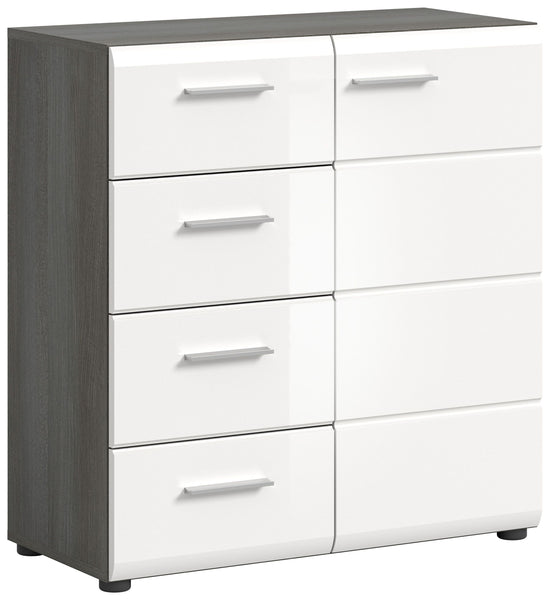 Commode SALSA (L/H/P : env. 80/85/37 cm) en imitation argent fumé/blanc brillant