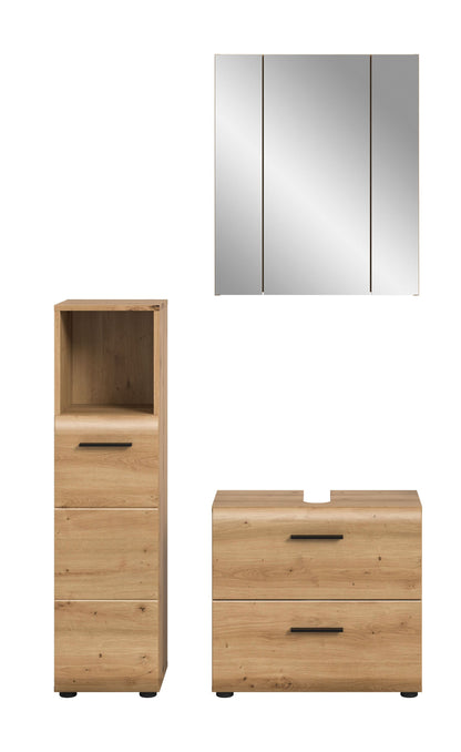 3-teiliges Badmöbel-Set aus hellem Holzdekor mit Spiegel und grauen Griffschubladen