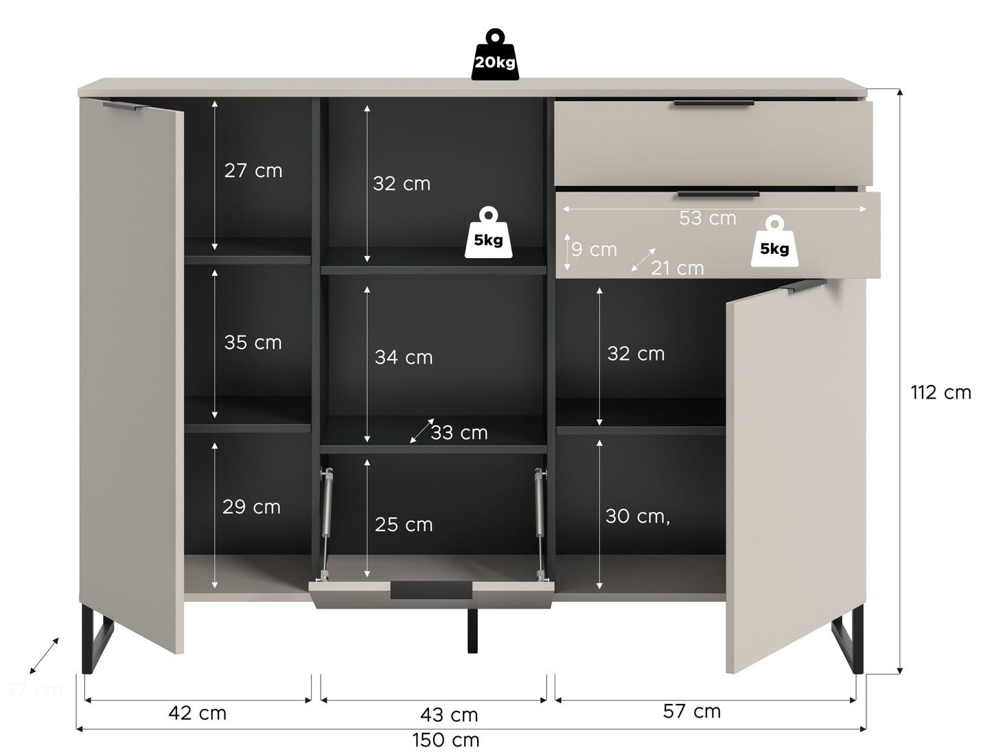 Homes & Jones Highboard 150 cm breit modern, Wohnzimmerschrank in Kaschmirfarben