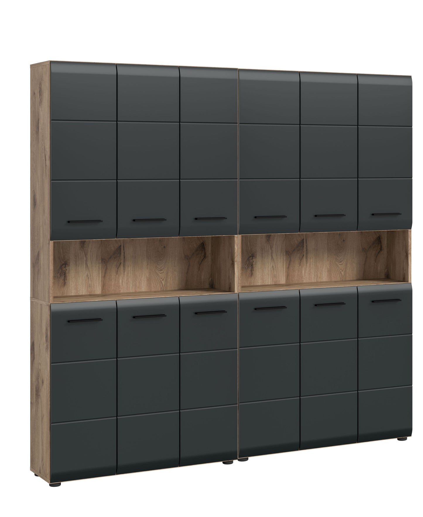 Badmöbelset von Homes & Jones, anthrazitfarbenes Frontdesign mit Holzunterbau