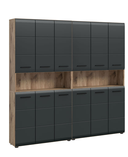 Badmöbelset von Homes & Jones, anthrazitfarbenes Frontdesign mit Holzunterbau