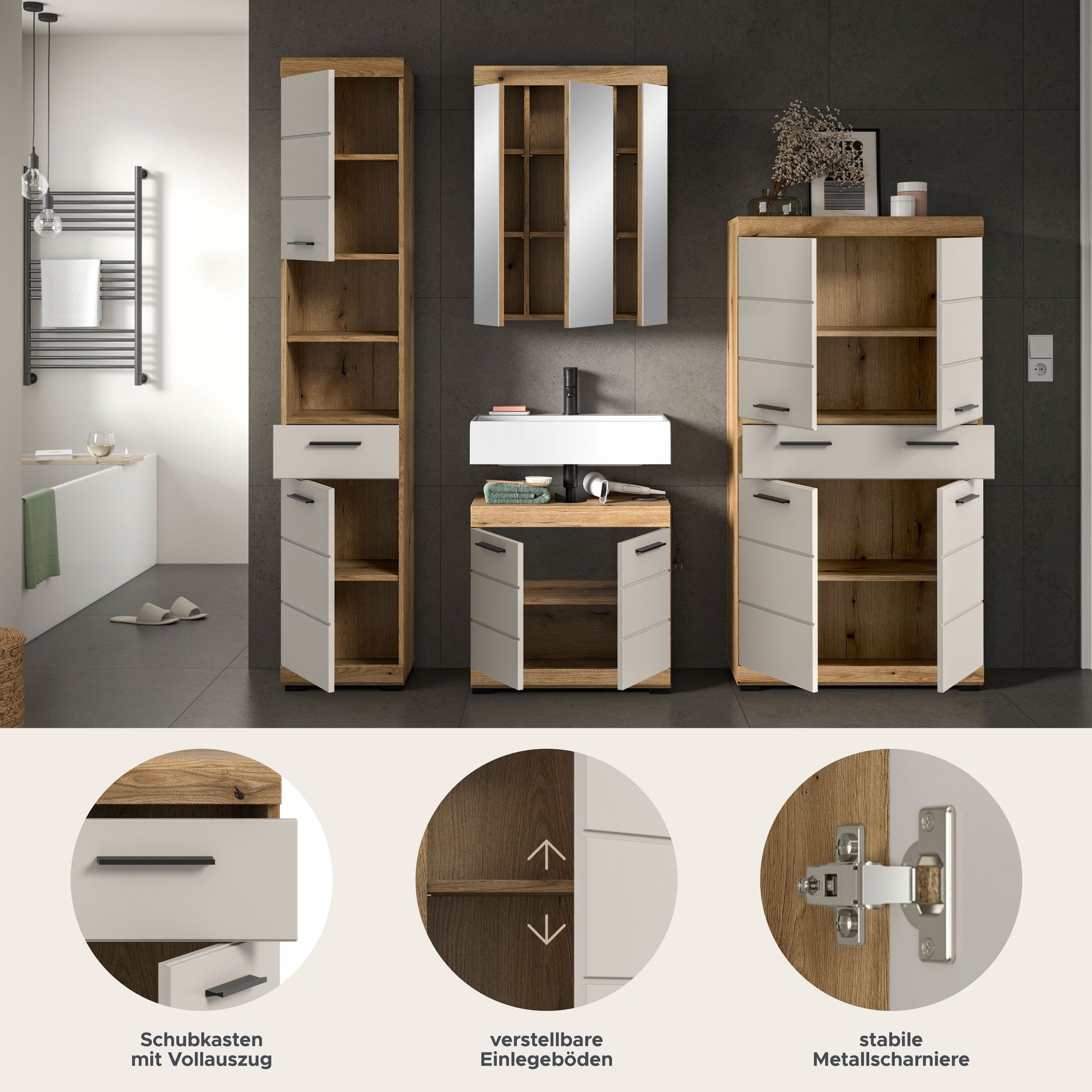 Homes & Jones Badezimmerset Detail: Schubladen, verstellbare Einlegeböden, stabile Metallbeschläge